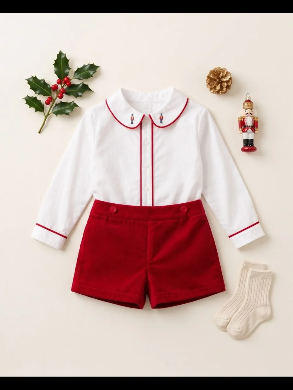 White Peter Pan Collar Top and Red Velvet Shorts Set